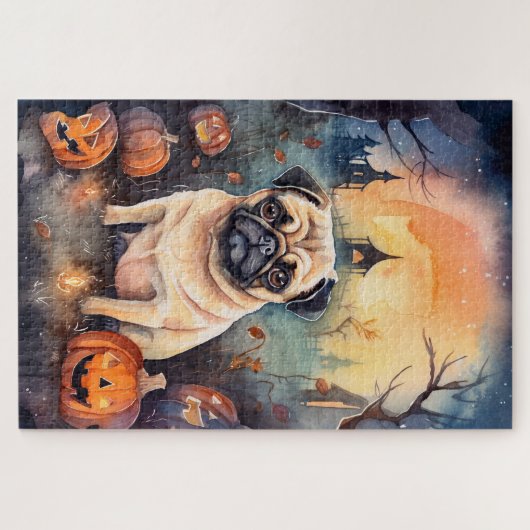 Halloween Pug met pompoenen eng Legpuzzel (Horizontaal)