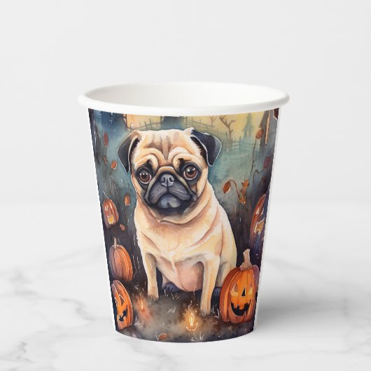 Halloween Pug met pompoenen eng Papieren Bekers (Voorkant)