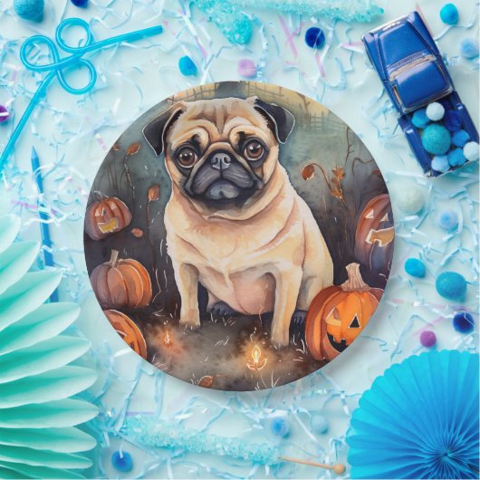Halloween Pug met pompoenen eng Papieren Bordje (Feest)