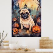 Halloween Pug met pompoenen eng Poster (Keuken)
