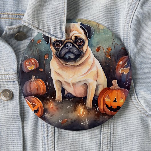 Halloween Pug met pompoenen eng Ronde Button 6,0 Cm (In situ)