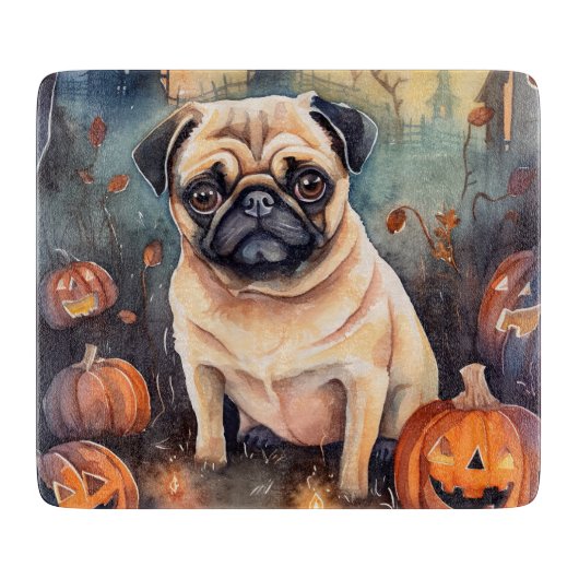Halloween Pug met pompoenen eng Snijplank (Voorkant)