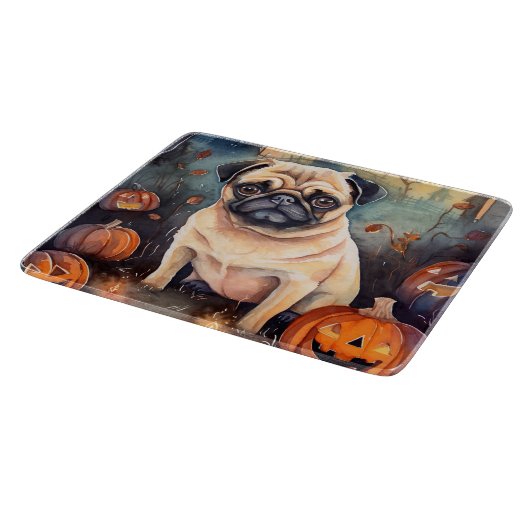 Halloween Pug met pompoenen eng Snijplank (Hoek)