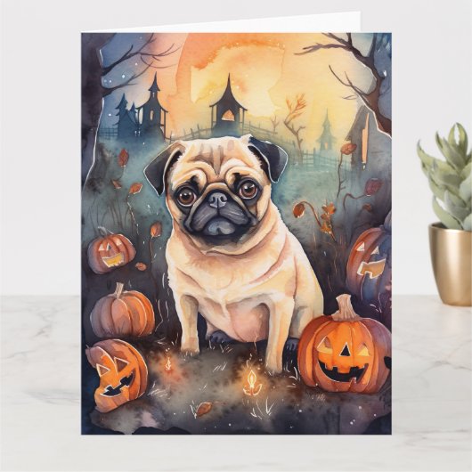 Halloween-pug met pompoenen griezelig kaart (Kleine Plant)