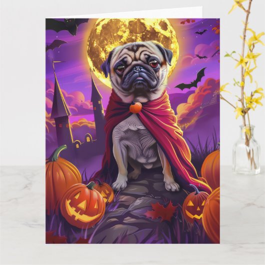Halloween Pug Vampier Pompoenen Griezelen  Kaart (Gele Bloem)