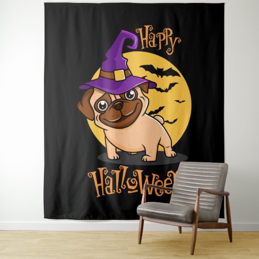 Halloween Puggy Tapestry Wandkleed (In situ)