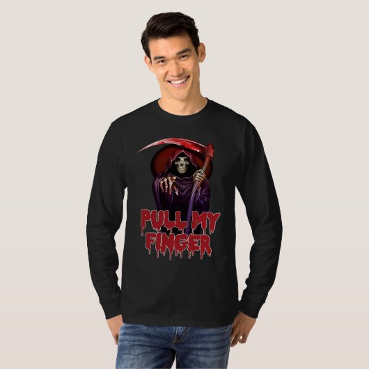 Halloween Pull My Finger Grim Reaper Death Party T-shirt (Voorkant volledig)