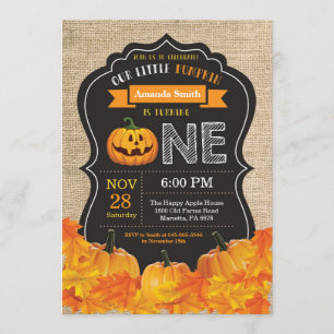Halloween Pumpkin 1st Birthday Invitation Burlap Kaart