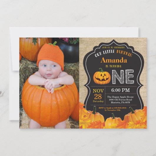Halloween Pumpkin 1st Birthday Invitation Burlap Kaart (Voorkant)