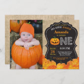 Halloween Pumpkin 1st Birthday Invitation Burlap Kaart (Voorkant / Achterkant)