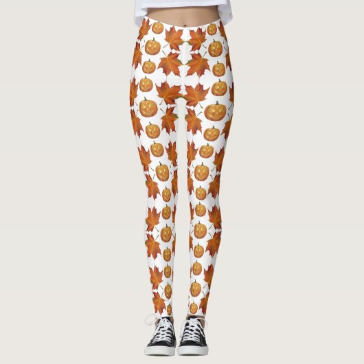 Halloween Pumpkin & Autumn Leaves Pattern Leggings (Voorkant)
