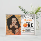 Halloween pumpkin baby 1e verjaardag foto kaart (Staand voorkant)