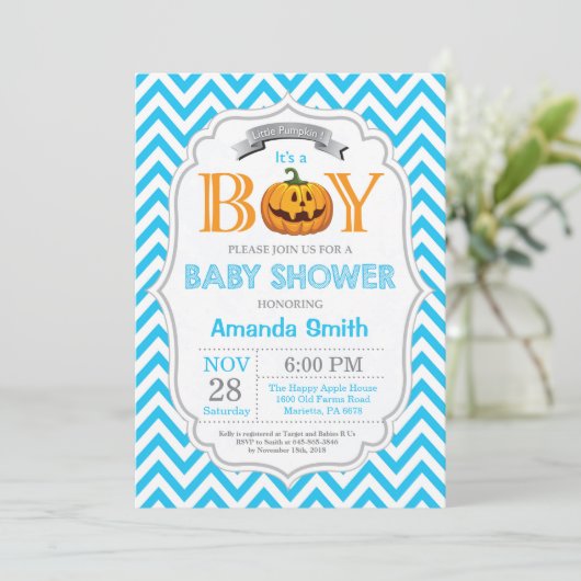 Halloween Pumpkin Baby shower Invitation Boy Kaart (Staand voorkant)