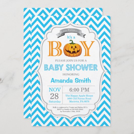 Halloween Pumpkin Baby shower Invitation Boy Kaart (Voorkant / Achterkant)