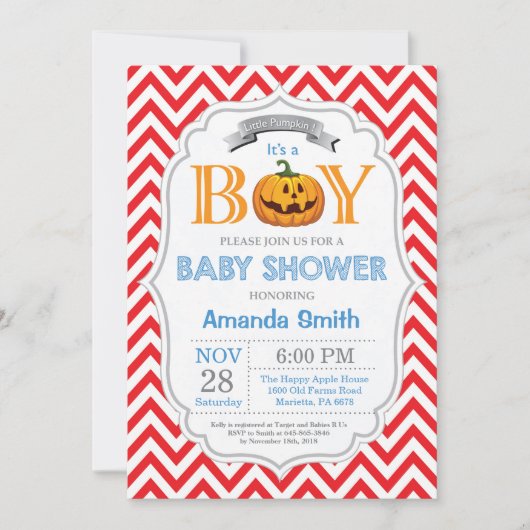 Halloween Pumpkin Baby shower Invitation Boy Kaart (Voorkant)
