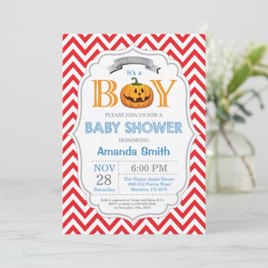 Halloween Pumpkin Baby shower Invitation Boy Kaart (Staand voorkant)