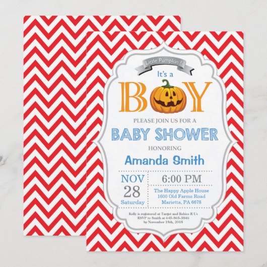 Halloween Pumpkin Baby shower Invitation Boy Kaart (Voorkant / Achterkant)