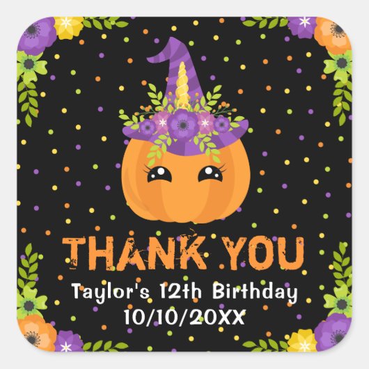Halloween Pumpkin Birthday Black Hartelijk dank Vierkante Sticker (Voorkant)