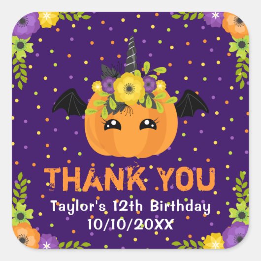 Halloween Pumpkin Birthday Paars Hartelijk dank Vierkante Sticker (Voorkant)