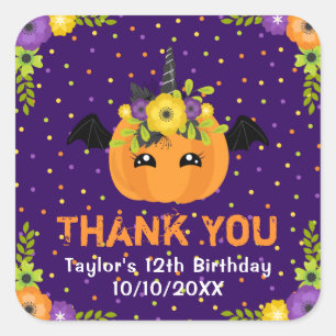 Halloween Pumpkin Birthday Paars Hartelijk dank Vierkante Sticker