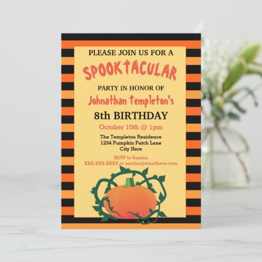 Halloween Pumpkin Birthday Party Invitations Kaart (Staand voorkant)