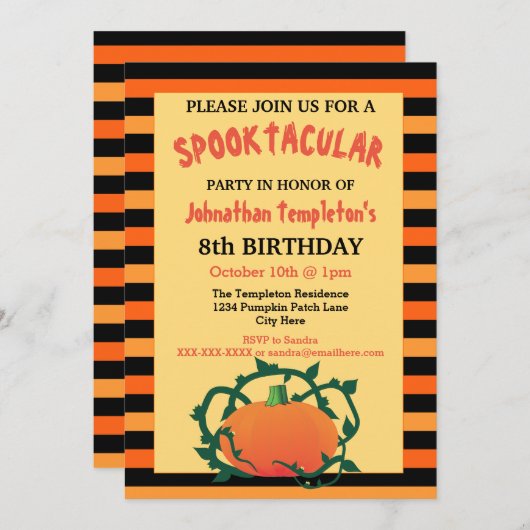 Halloween Pumpkin Birthday Party Invitations Kaart (Voorkant / Achterkant)