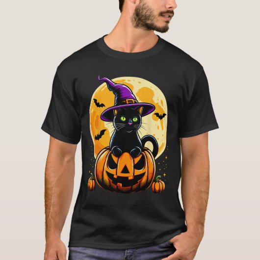 Halloween Pumpkin Black Cat T-shirt (Voorkant)