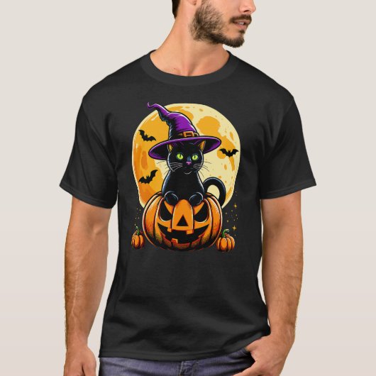 Halloween Pumpkin Black Cat T-shirt (Voorkant)