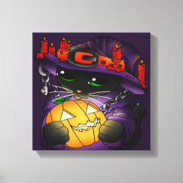 Halloween Pumpkin Black Witch Cat Canvas Afdruk