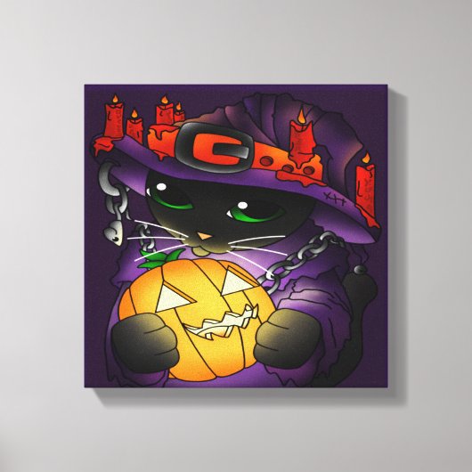 Halloween Pumpkin Black Witch Cat Canvas Afdruk (Voorkant)