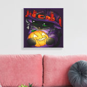 Halloween Pumpkin Black Witch Cat Canvas Afdruk (Insitu (Woonkamer))