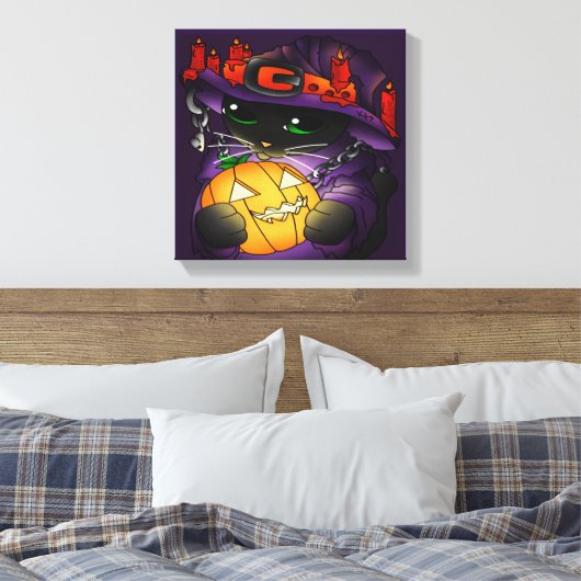 Halloween Pumpkin Black Witch Cat Canvas Afdruk (Insitu (Slaapkamer))