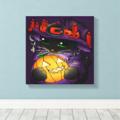 Halloween Pumpkin Black Witch Cat Canvas Afdruk (Insitu (Houten vloer))