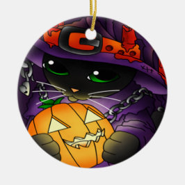Halloween Pumpkin Black Witch Cat Keramisch Ornament