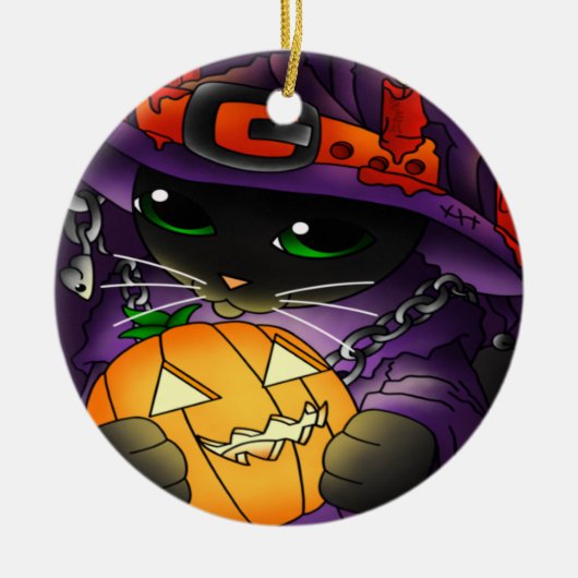 Halloween Pumpkin Black Witch Cat Keramisch Ornament (Voorkant)