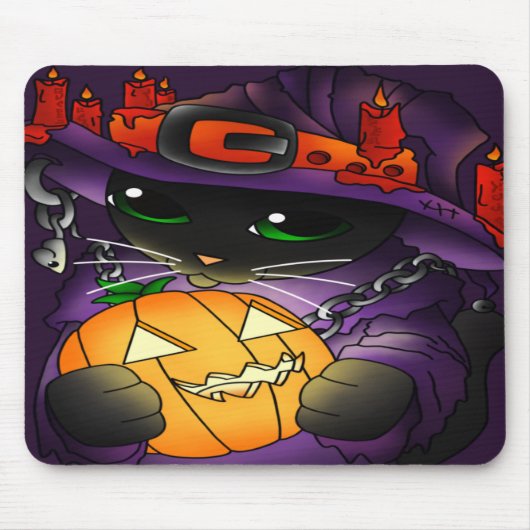 Halloween Pumpkin Black Witch Cat Muismat (Voorkant)