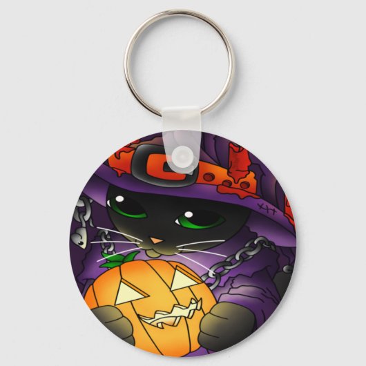 Halloween Pumpkin Black Witch Cat Sleutelhanger (Voorkant)