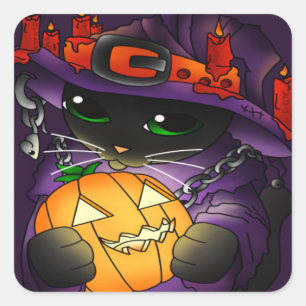 Halloween Pumpkin Black Witch Cat Vierkante Sticker