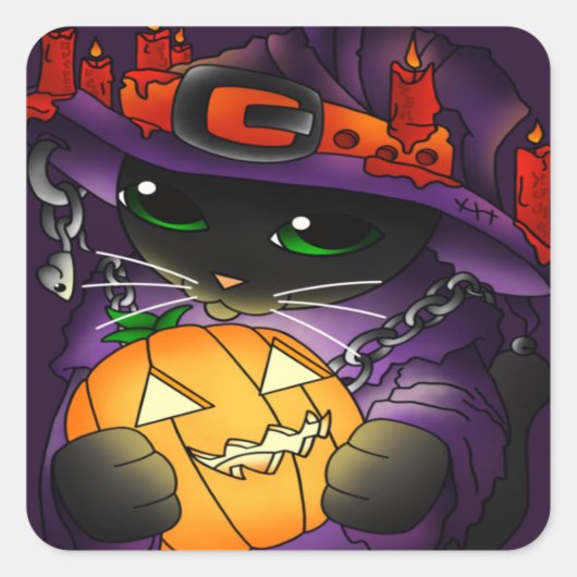 Halloween Pumpkin Black Witch Cat Vierkante Sticker (Voorkant)
