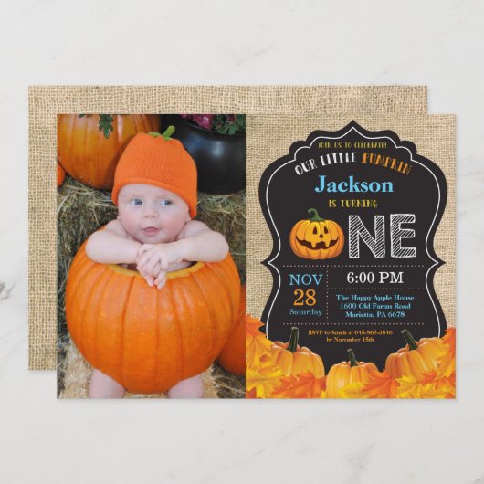 Halloween Pumpkin Boy 1st Birthday Blue Burlap Kaart (Voorkant / Achterkant)