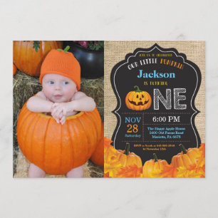 Halloween Pumpkin Boy 1st Birthday Blue Burlap Kaart