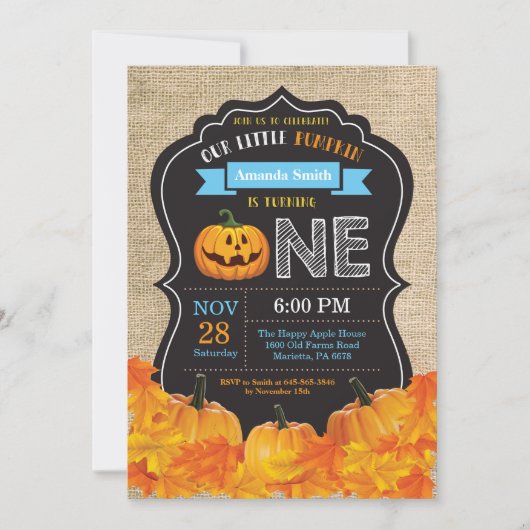 Halloween Pumpkin Boy 1st Birthday Blue Burlap Kaart (Voorkant)