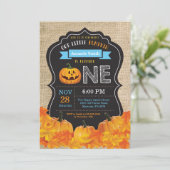 Halloween Pumpkin Boy 1st Birthday Blue Burlap Kaart (Staand voorkant)