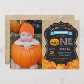 Halloween Pumpkin Boy 1st Birthday Blue Burlap Kaart (Voorkant / Achterkant)