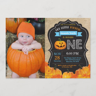Halloween Pumpkin Boy 1st Birthday Blue Burlap Kaart