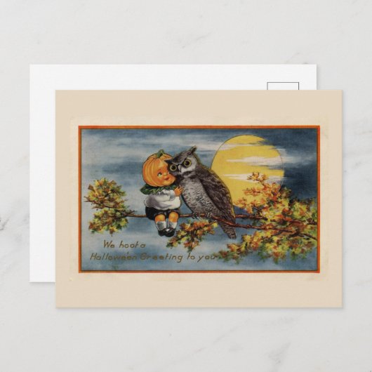 Halloween Pumpkin Boy Owl Tree Branch Moon  Briefkaart (Voorkant / Achterkant)
