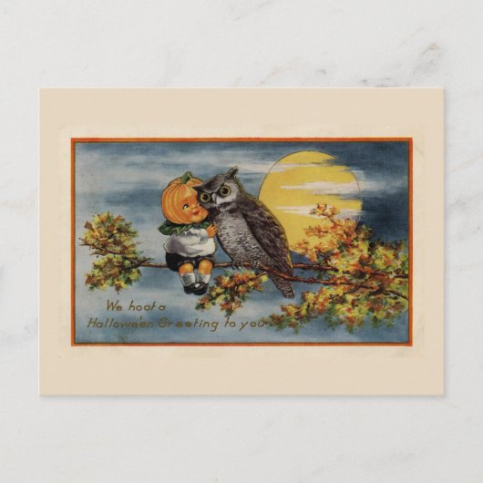 Halloween Pumpkin Boy Owl Tree Branch Moon  Briefkaart (Voorkant)