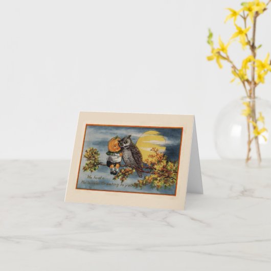 Halloween Pumpkin Boy Owl Tree Branch Moon Kaart (Gele Bloem)
