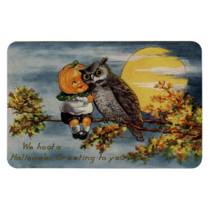 Halloween Pumpkin Boy Owl Tree Branch Moon  Magneet