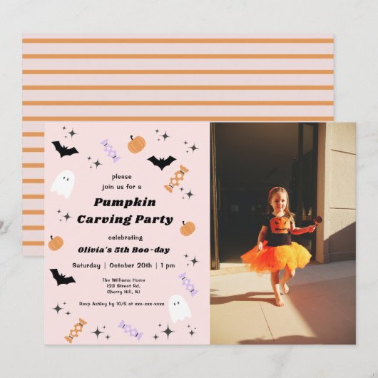 Halloween Pumpkin Carving Birthday Invitation Kaart (Voorkant / Achterkant)